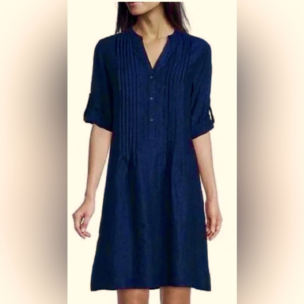 J. McLaughlin Tunic Dress Pleated Linen w/  Rollup Long Sleeves dark blue Size S